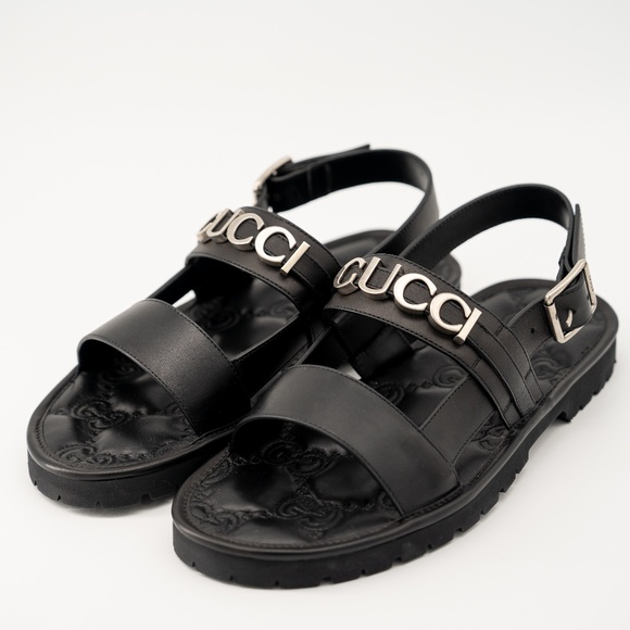 size 11G 11.5 US Gucci Leather Sandals Black Silver Logo Strap Buckle main image 4